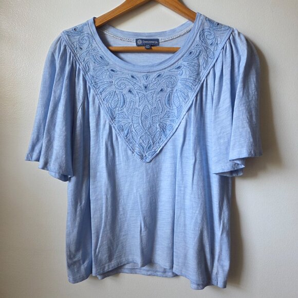 EUC DEMOCRACY BLUE EMBROIDERED TOP BELL SLEEVES SIZE PETITE SMALL - Picture 1 of 13